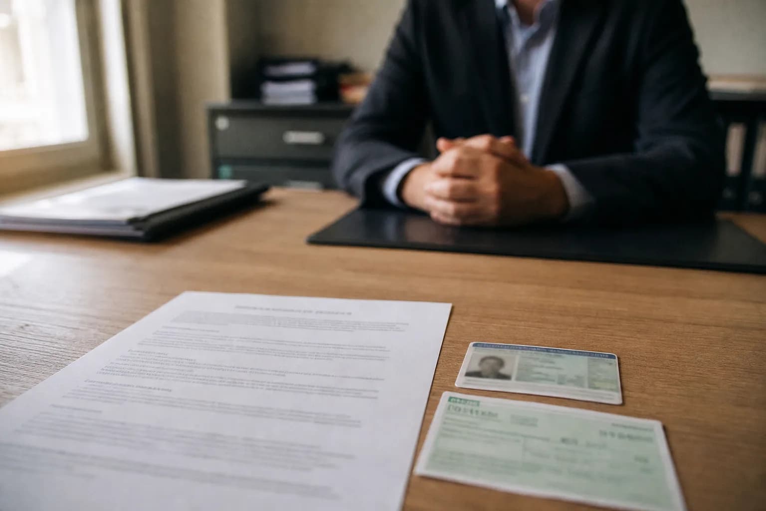 Bureau de recrutement : un contrat de travail et une pièce d'identité posés sur un bureau